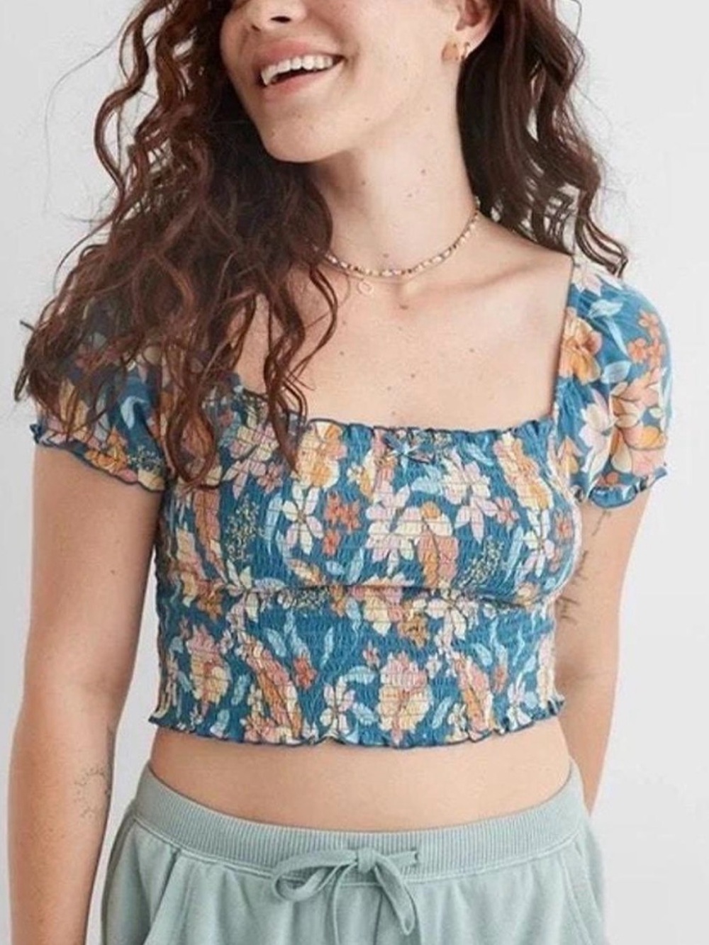aerie Blue Floral Smocked Square-Neck Crop Top